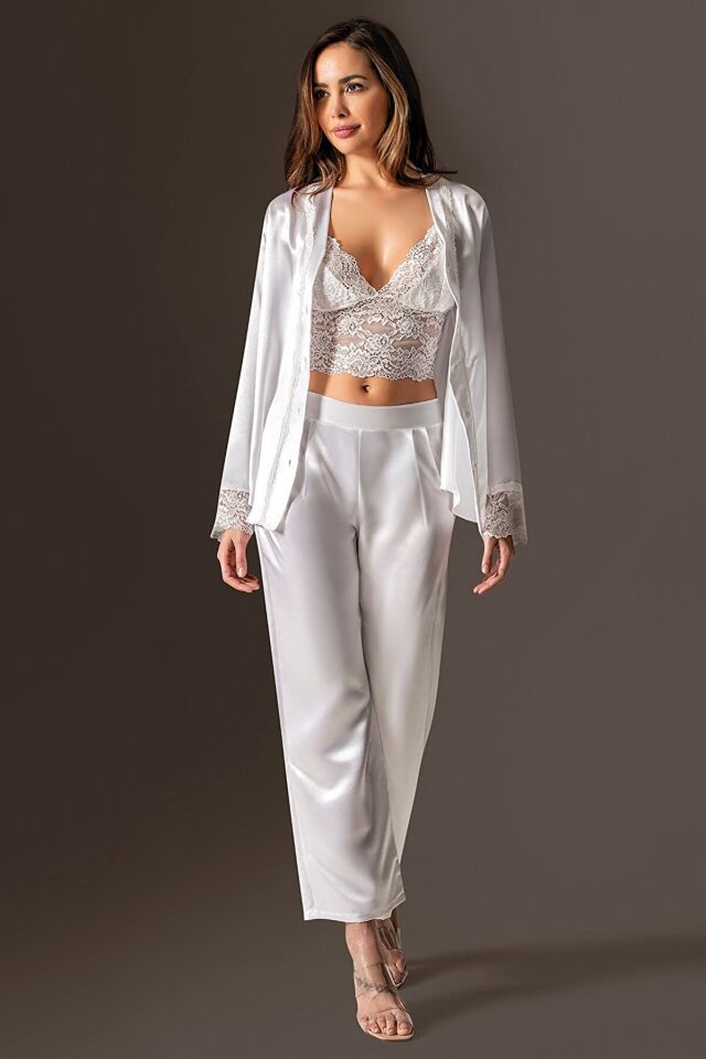 Aria's Closet Saten 3'lü Ekru Büstiyer Pijama Takımı