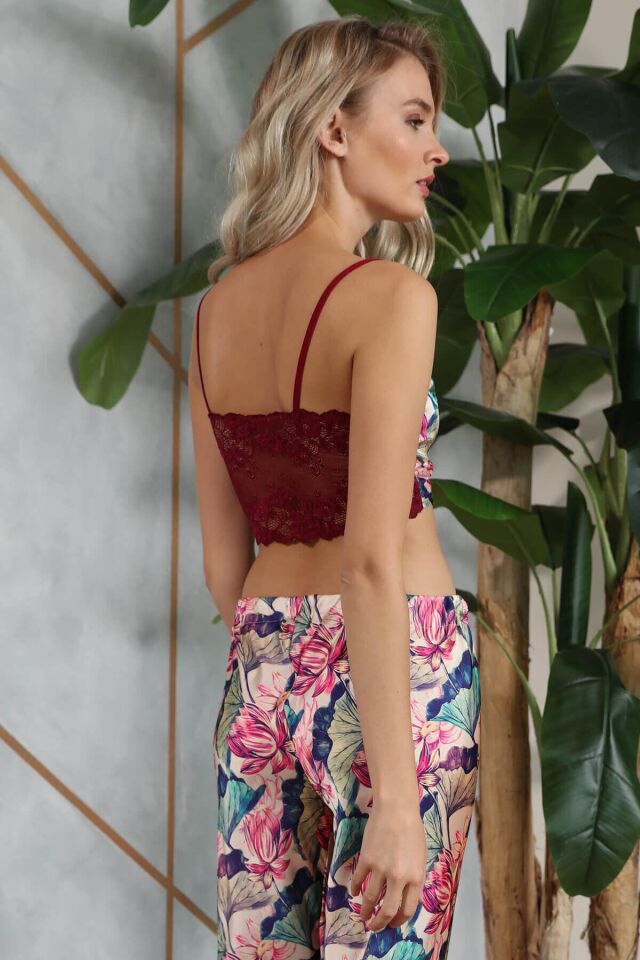 Saten Çiçek Baskılı Sabahlık Balensiz Desteksiz Dolgusuz Dantelli Bralet Sütyen ve Pantolon Pijama 3 lü Takım