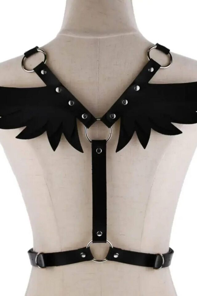 Aria's Closet Siyah Kelebek Motifli Deri Harness Kostüm