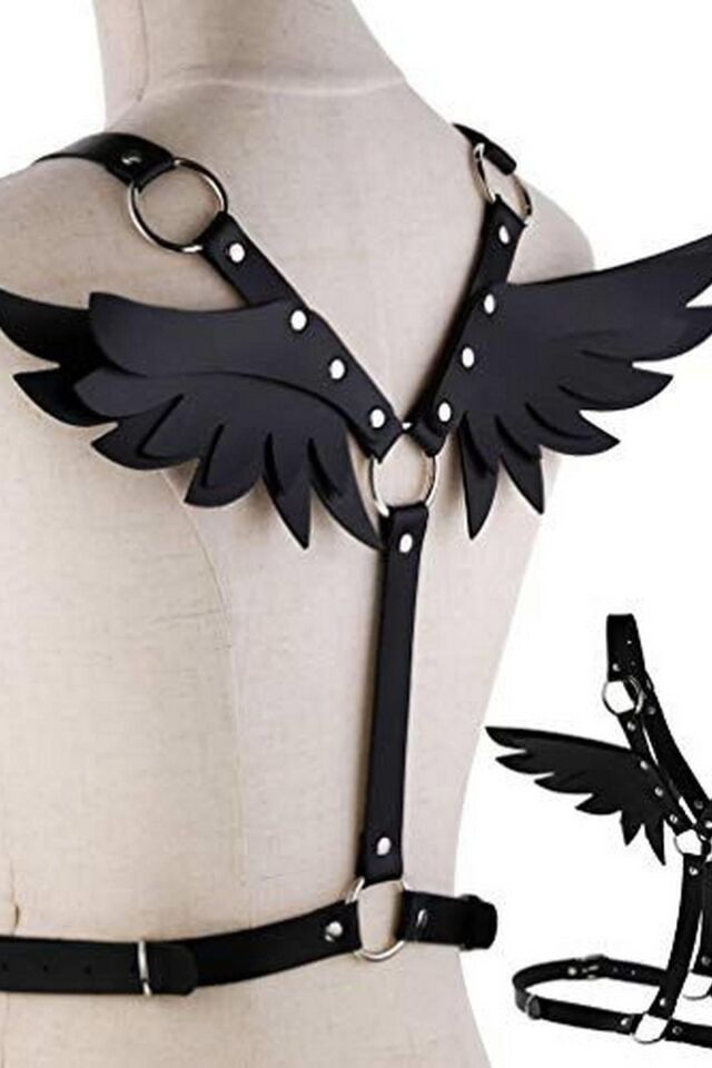 Aria's Closet Siyah Kelebek Motifli Deri Harness Kostüm
