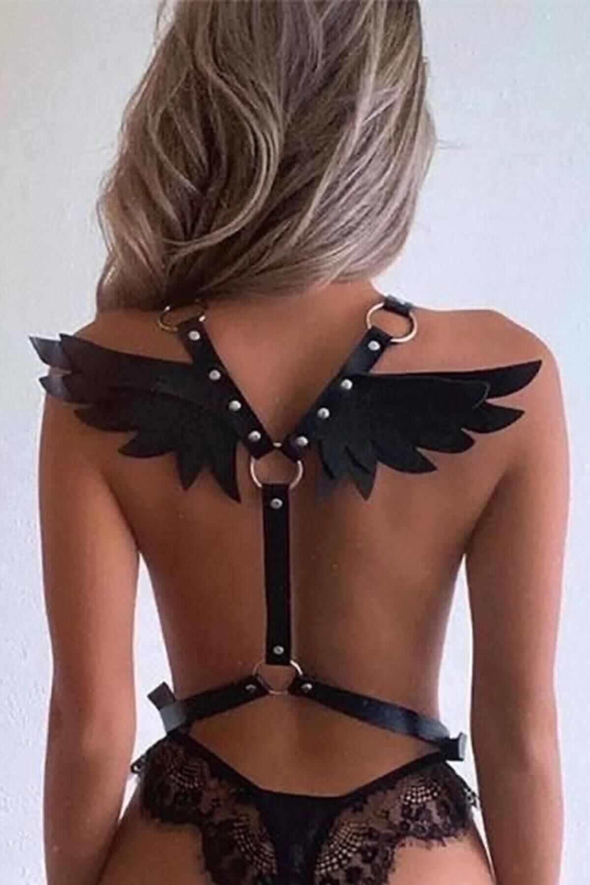 Aria's Closet Siyah Kelebek Motifli Deri Harness Kostüm