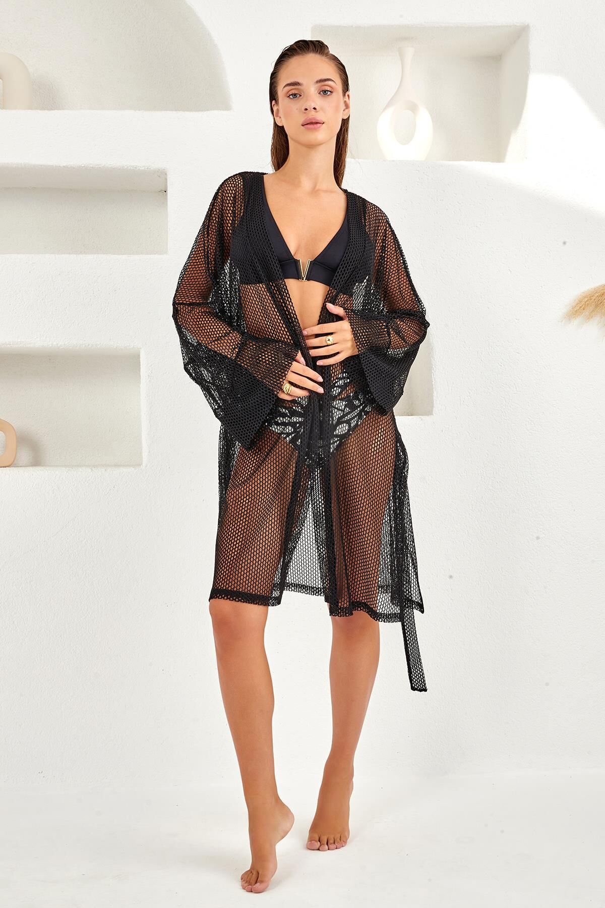 Aria's Closet Siyah Uzun Kollu File Pareo