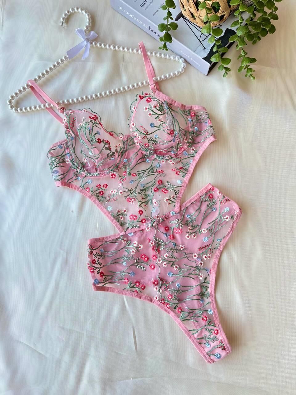 Aria's Closet Çiçek Dal Desenli Pembe Bodysuit