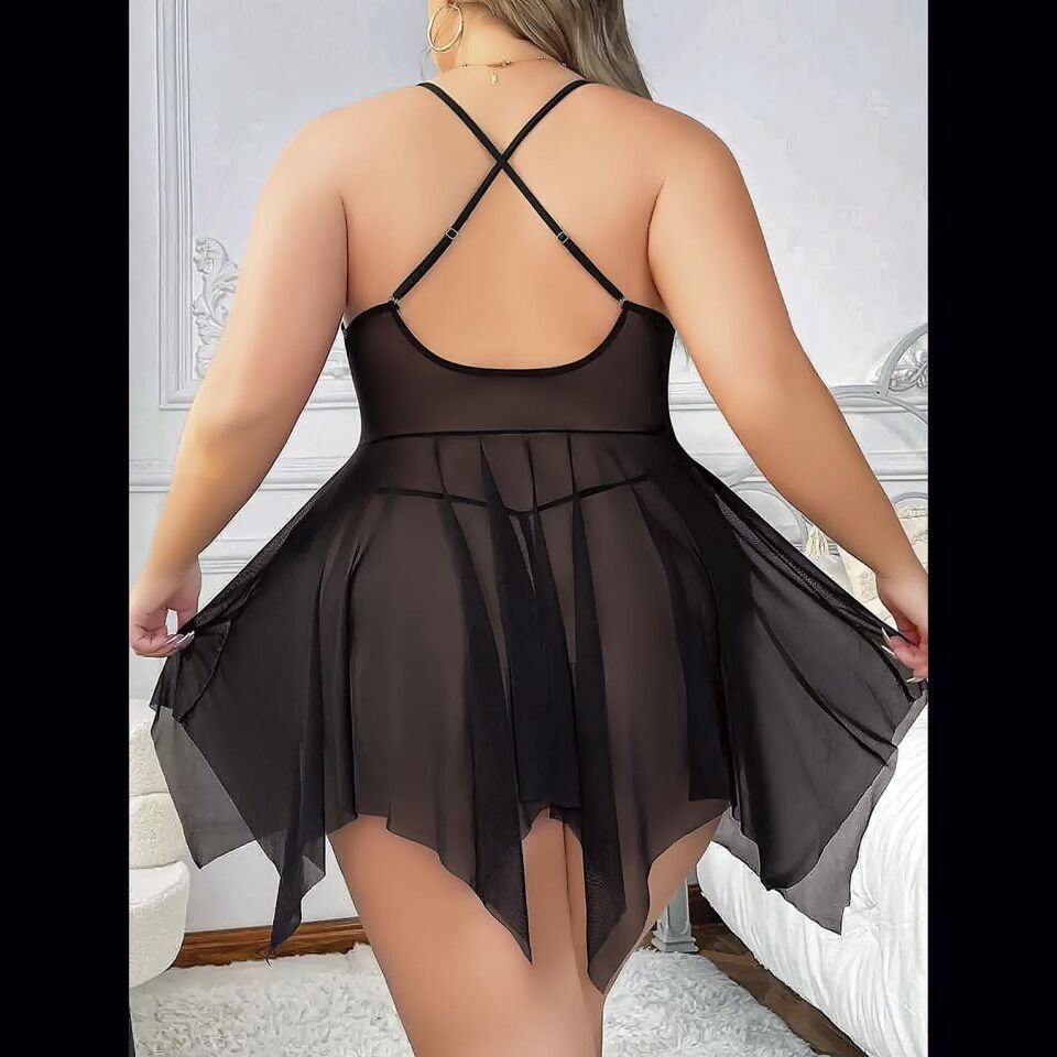 Aria's Closet Siyah Tül Büyük Beden Transparan Fantezi Gecelik