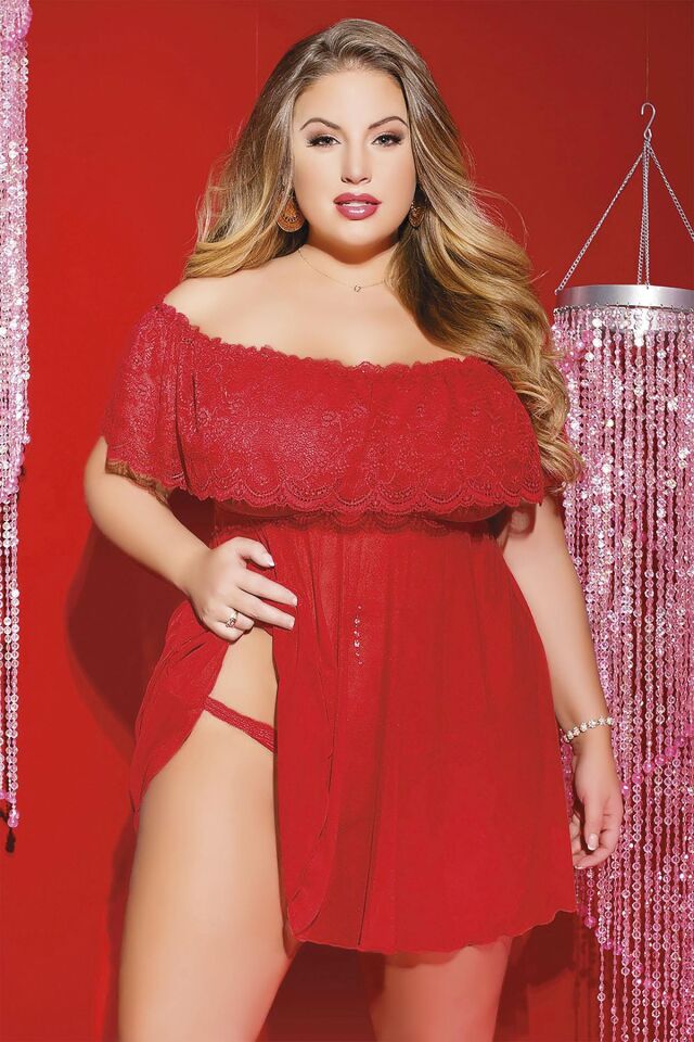 Aria's Closet Büyük Beden Üst Kısmı Dantel Alt Kısmı Likralı Tül Fantezi Kırmızı Gecelik
