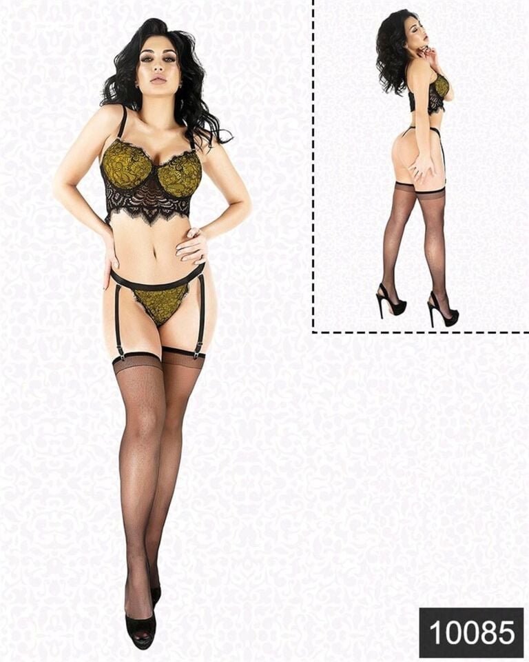 Aria's Closet Fantazi Sarı Lamine Dantel Jartiyer Büstiyer Takım