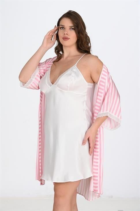 Aria's Closet 2'li Beyaz-Pembe Sabahlık Takımı Bigsize 6210