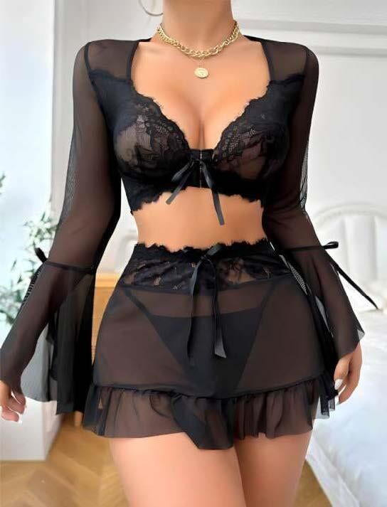 Aria's Closet Siyah Dantelli Etekli Fantezi Tül Bolero Sütyen Takım