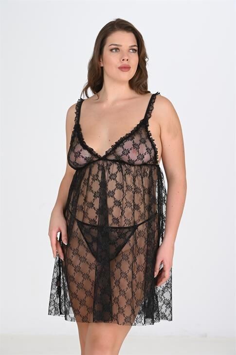 Aria's Closet Büyük Beden Siyah Gecelik 3041