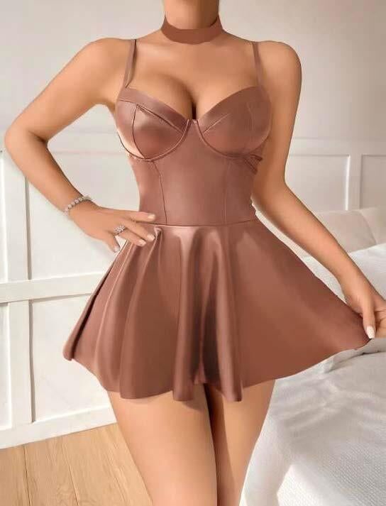 Aria's Closet Kahverengi Etekli Pileli Fantezi Deri Elbise