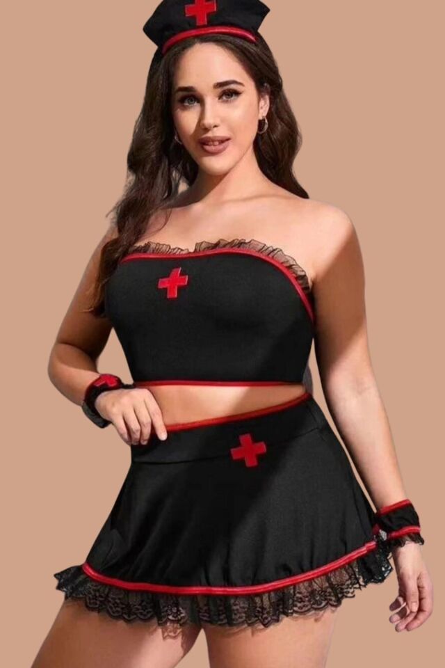 Aria's Closet Büyük Beden Siyah Penye ve Dantelli Şık Hemşire Kostümü