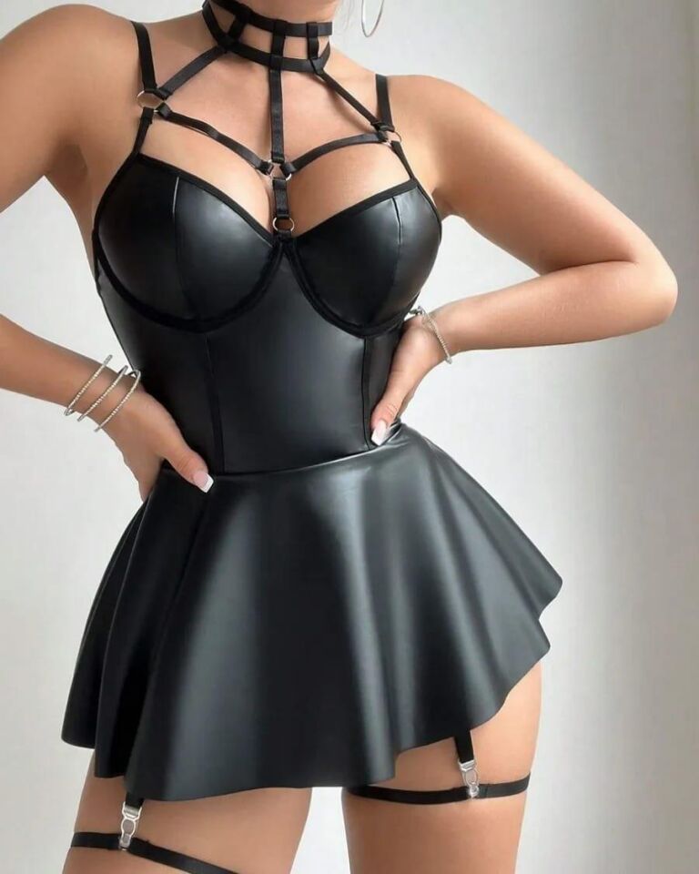 Aria's Closet Siyah Fantezi Parlak Deri Şık Club Elbise