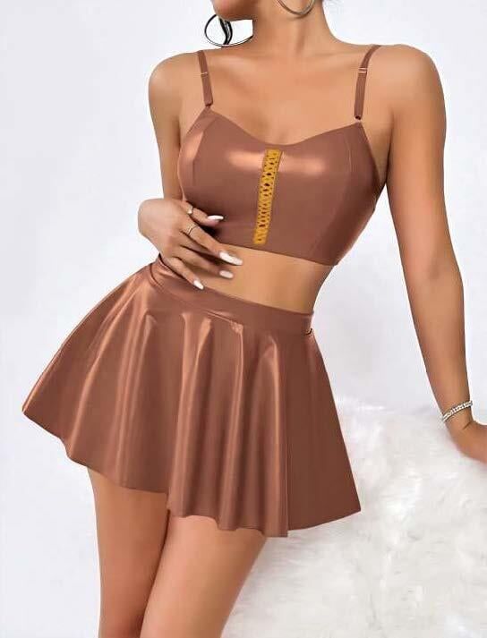 Aria's Closet Kahverengi Etekli Fantezi Deri Şık Elbise