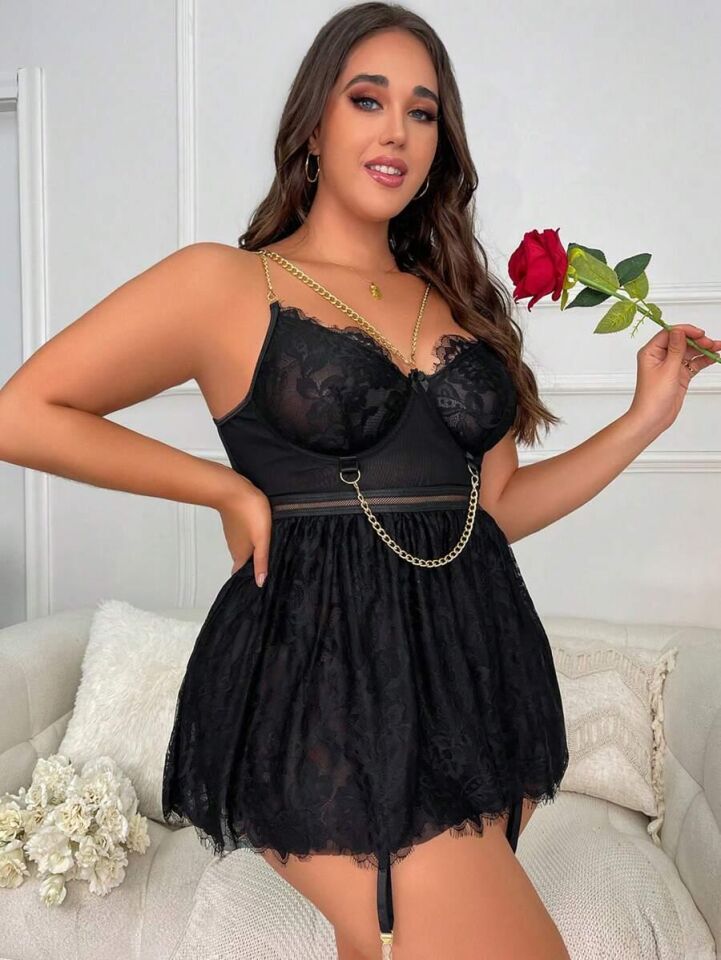 Aria's Closet Özel Tasarım Büyük Beden Fantezi Zincir Detaylı Dantelli Gecelik