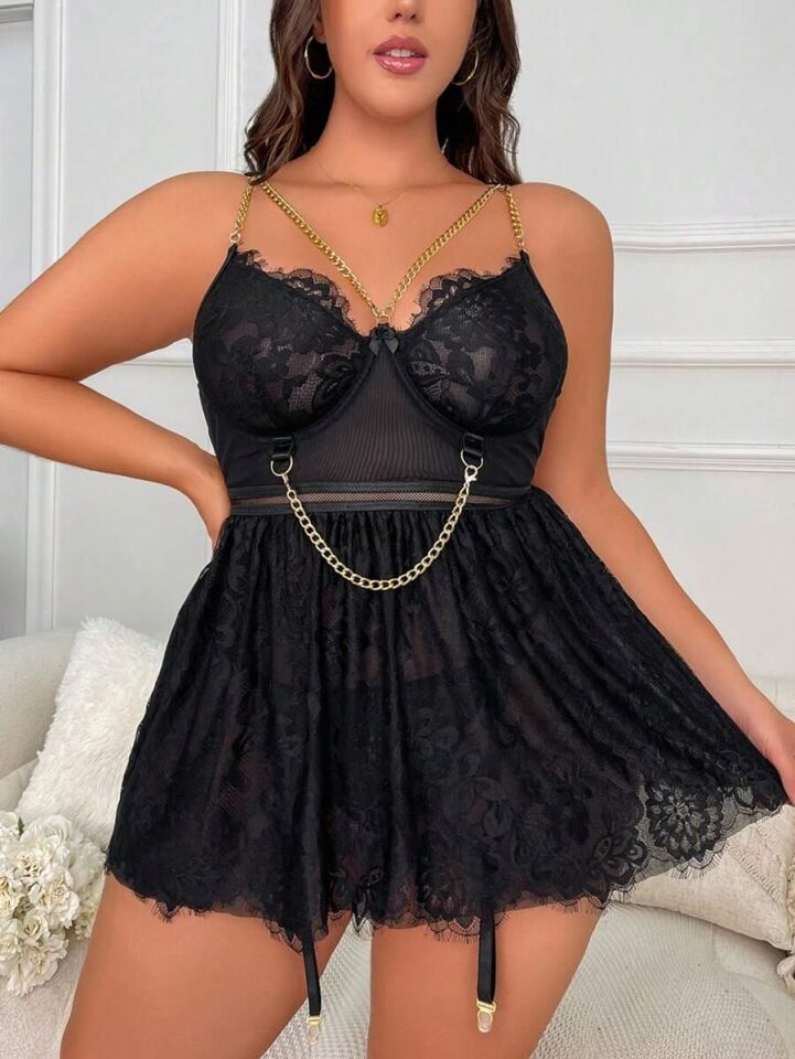 Aria's Closet Özel Tasarım Büyük Beden Fantezi Zincir Detaylı Dantelli Gecelik
