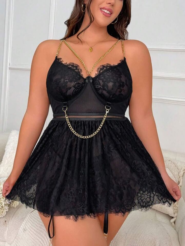 Aria's Closet Özel Tasarım Büyük Beden Fantezi Zincir Detaylı Dantelli Gecelik
