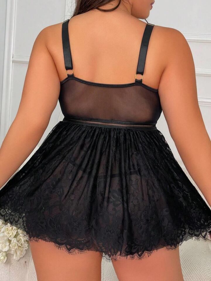 Aria's Closet Özel Tasarım Büyük Beden Fantezi Zincir Detaylı Dantelli Gecelik