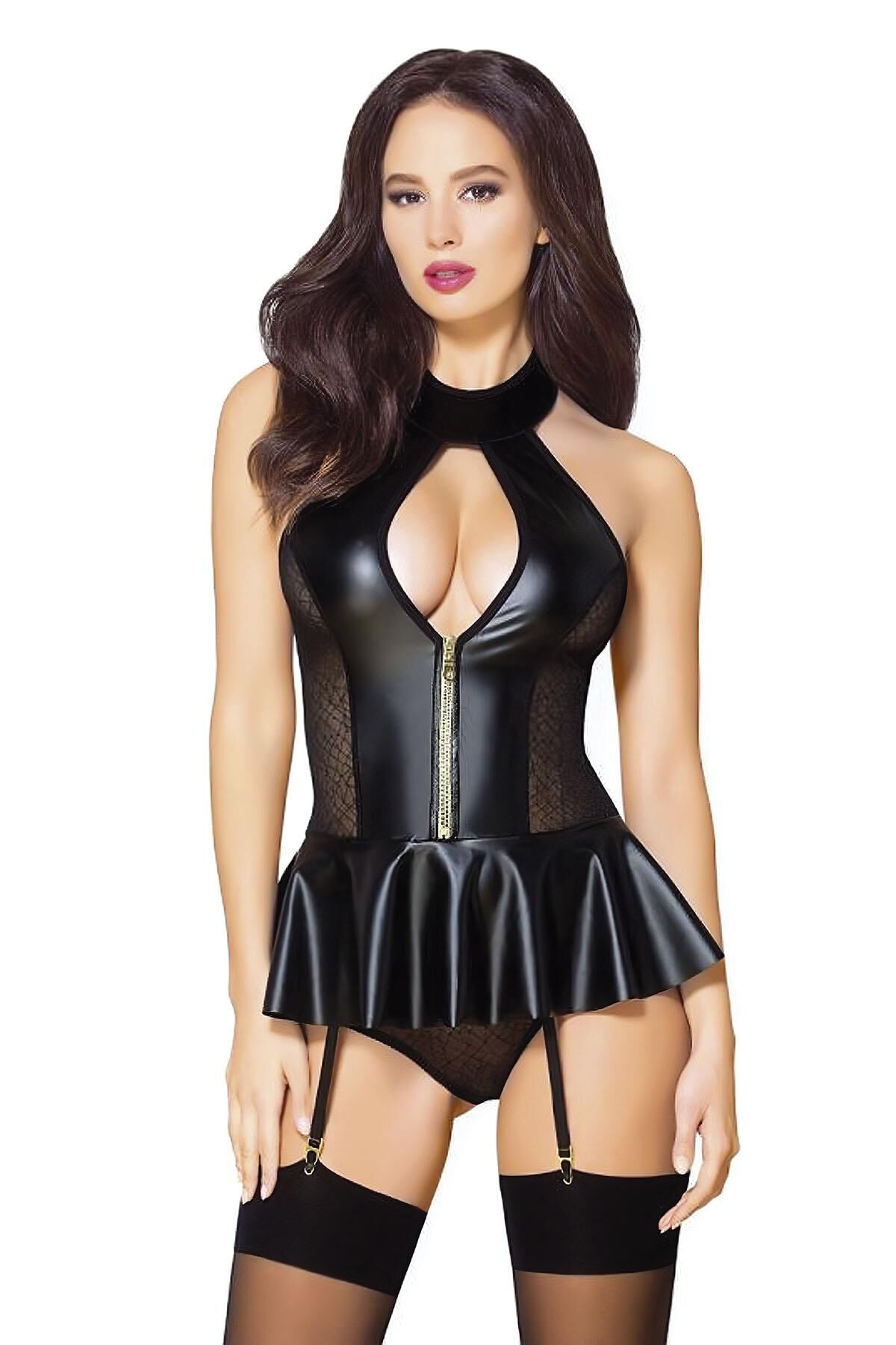 Aria's Closet Siyah Göğüs Dekolteli Yan Tarafları Dantel Fantezi Jartiyer Takımı
