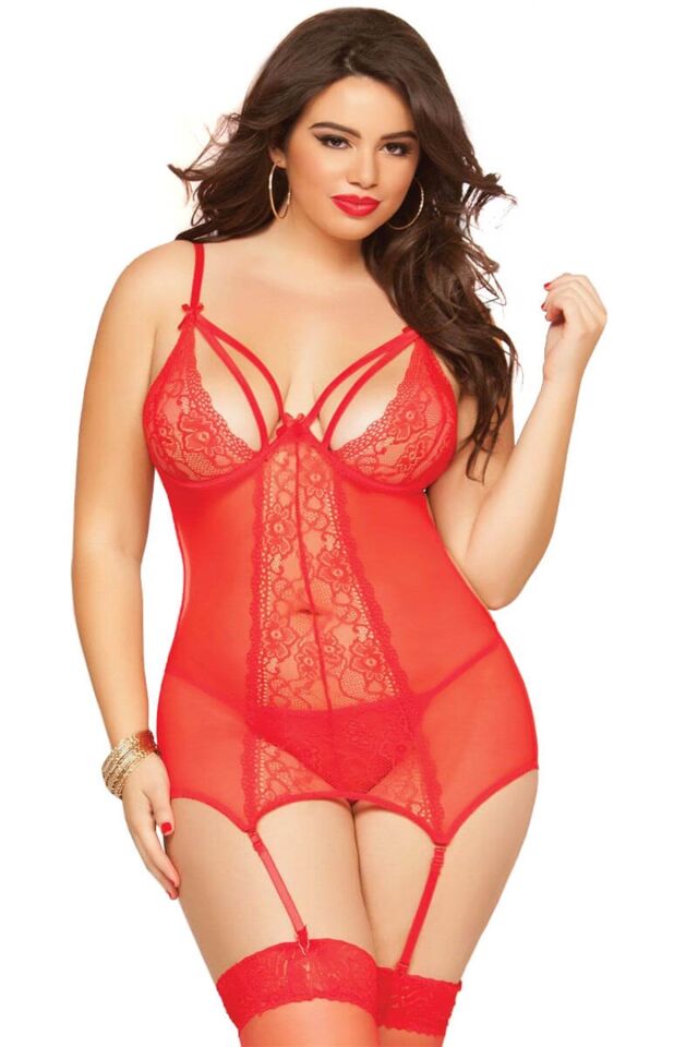 Aria's Closet Büyük Beden Kırmızı Fantazi Jartiyerli Gecelik 3200