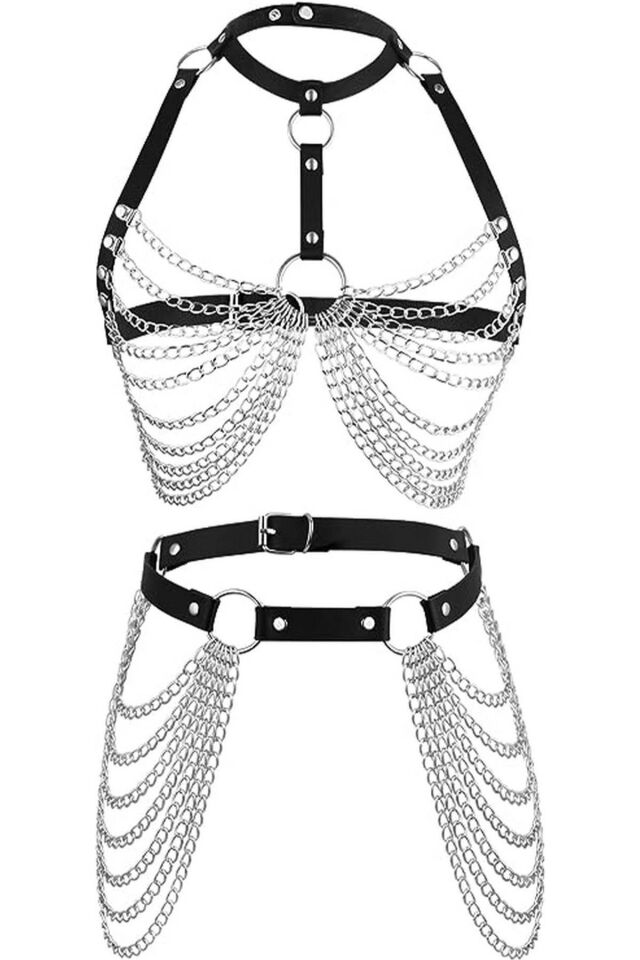Zincirli Deri Harness Sexi Takım Kostüm 800396