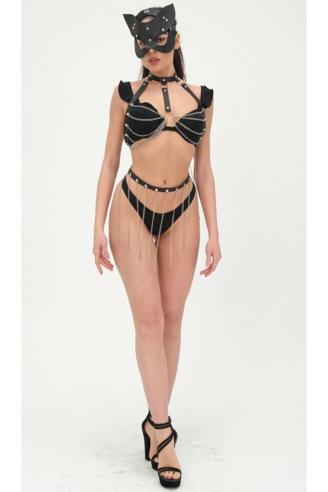 Zincirli Siyah Maskelili Tokalı Sexi Deri Takım 800175
